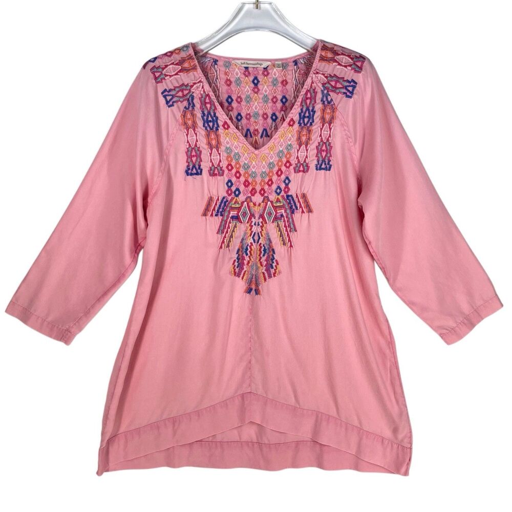 Soft Surroundings Medium Tunic Top Mixteca Embroidered Pink Tencel Boho Oversize